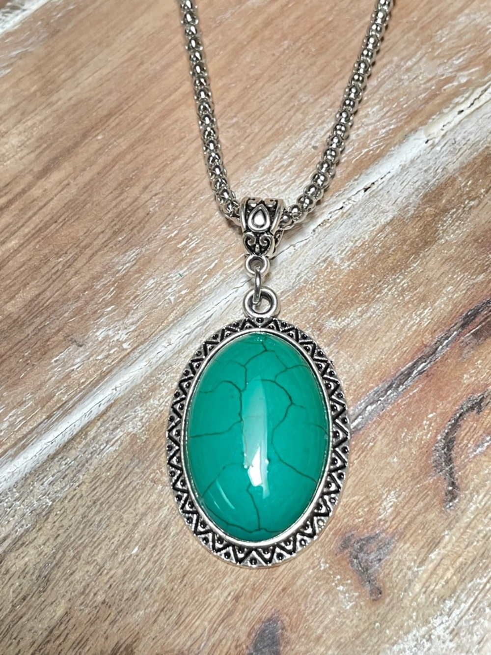 Turquoise Oval Stone Necklace & Earring Set - Silver Tone Women’s Jewelry - Picture 2 of 5